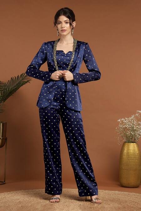 Buy_Rirasa_Blue Satin Sequins Asymmetric, Collared Work Jacket Pant Set _Online_at_Aza_Fashions