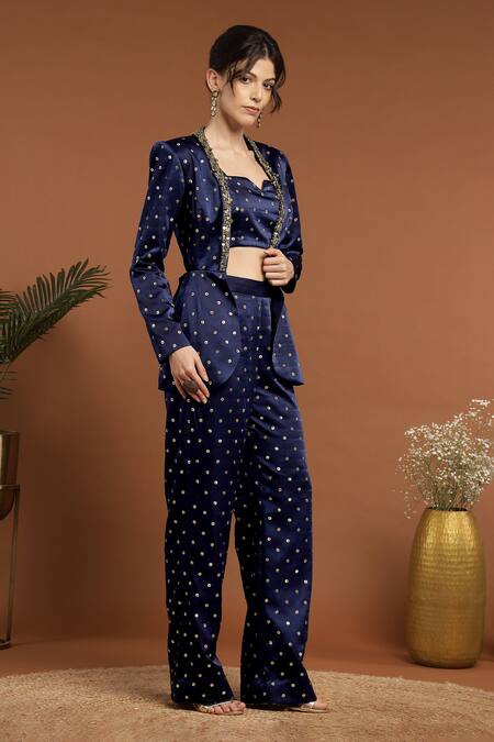 Shop_Rirasa_Blue Satin Sequins Asymmetric, Collared Work Jacket Pant Set _Online_at_Aza_Fashions