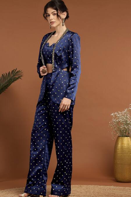 Rirasa_Blue Satin Sequins Asymmetric, Collared Work Jacket Pant Set _at_Aza_Fashions