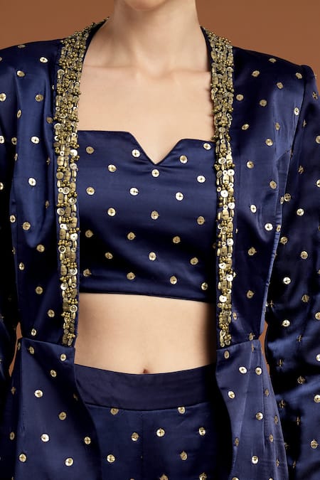 Buy_Rirasa_Blue Satin Sequins Asymmetric, Collared Work Jacket Pant Set 