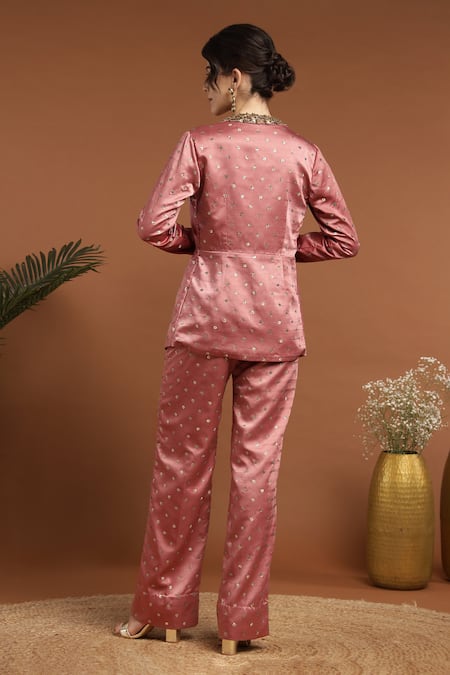 Shop_Rirasa_Pink Satin Sequins Split V-neck, Collared Embroidered Jacket And Pant Set _at_Aza_Fashions