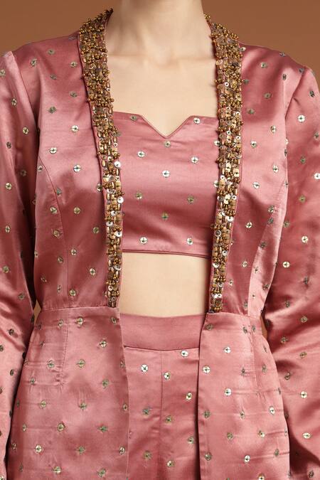 Rirasa_Pink Satin Sequins Split V-neck, Collared Embroidered Jacket And Pant Set _Online_at_Aza_Fashions