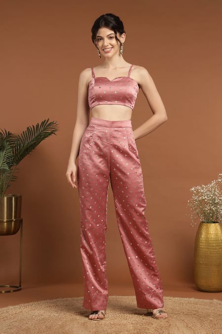 Shop_Rirasa_Pink Satin Sequins Split V-neck, Collared Embroidered Jacket And Pant Set _Online_at_Aza_Fashions