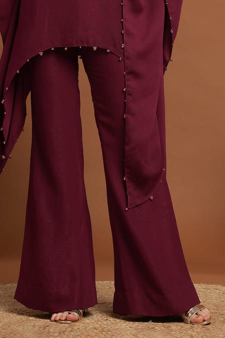 Rirasa_Wine Lurex, Crepe Embroidery, Tassels Asymmetric Neckline Kaftan And Pant Set_Online_at_Aza_Fashions