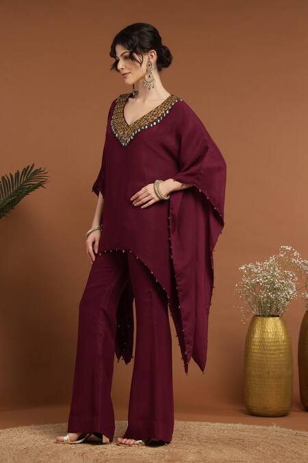 Shop_Rirasa_Wine Lurex, Crepe Embroidery, Tassels Asymmetric Neckline Kaftan And Pant Set_Online_at_Aza_Fashions