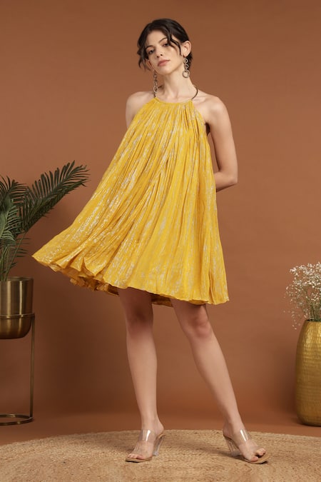 Rirasa_Yellow Lurex, Georgette Halter Neck Shimmer Gathered Short Dress _Online_at_Aza_Fashions