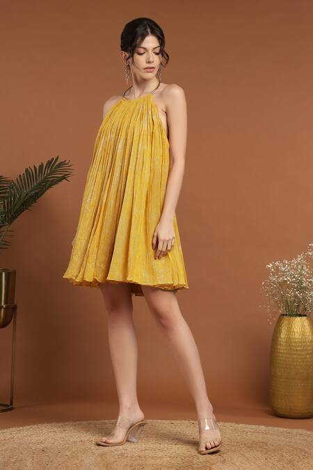 Buy_Rirasa_Yellow Lurex, Georgette Halter Neck Shimmer Gathered Short Dress _Online_at_Aza_Fashions
