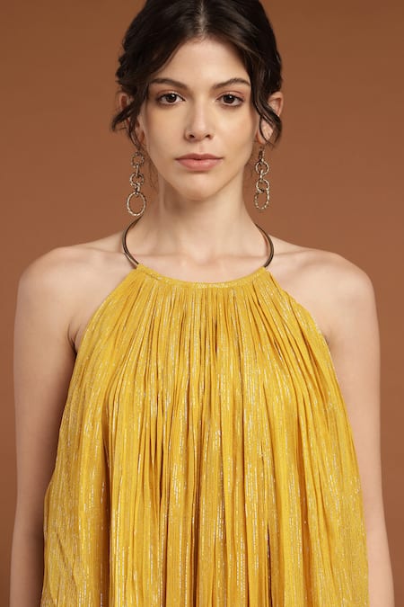 Shop_Rirasa_Yellow Lurex, Georgette Halter Neck Shimmer Gathered Short Dress _Online_at_Aza_Fashions