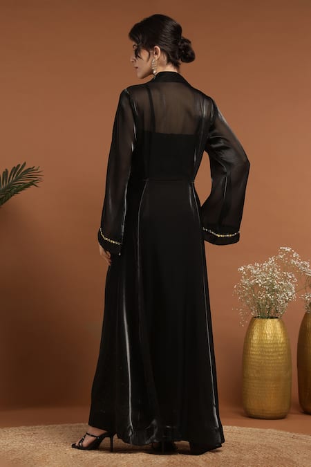 Shop_Rirasa_Black Silk, Organza Embroidery, Sequins Collared Shimmer Cape Pant Set _at_Aza_Fashions