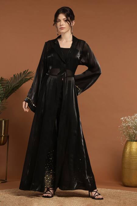 Rirasa_Black Silk, Organza Embroidery, Sequins Collared Shimmer Cape Pant Set _Online_at_Aza_Fashions