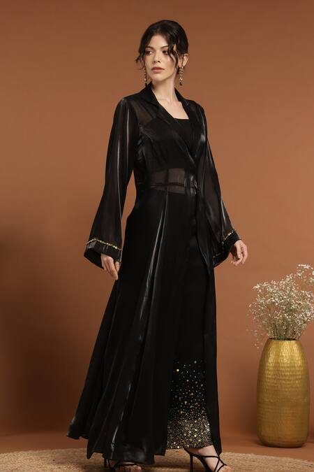 Buy_Rirasa_Black Silk, Organza Embroidery, Sequins Collared Shimmer Cape Pant Set _Online_at_Aza_Fashions