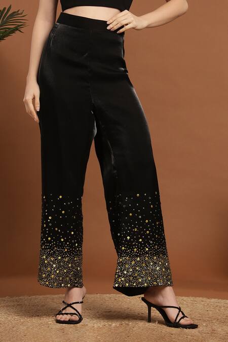 Shop_Rirasa_Black Silk, Organza Embroidery, Sequins Collared Shimmer Cape Pant Set _Online_at_Aza_Fashions