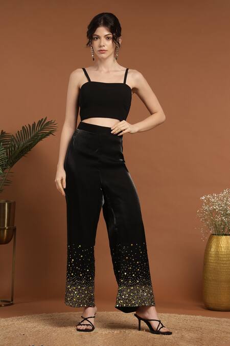 Rirasa_Black Silk, Organza Embroidery, Sequins Collared Shimmer Cape Pant Set _at_Aza_Fashions