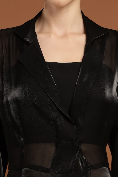 Buy_Rirasa_Black Silk, Organza Embroidery, Sequins Collared Shimmer Cape Pant Set 