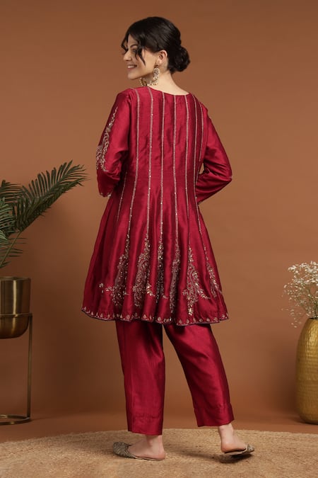 Shop Rirasa Red Silk Sequins, Embroidery Collared Panelled Asymmetric Kurta And Pant Set at Aza Fashions Shop_Rirasa_Red Silk Sequins, Embroidery Collared Panelled Asymmetric Kurta And Pant Set _at_Aza_Fashions
