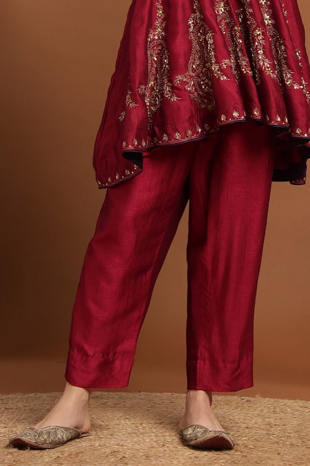 Rirasa Red Silk Sequins, Embroidery Collared Panelled Asymmetric Kurta And Pant Set Online at Aza Fashions Rirasa_Red Silk Sequins, Embroidery Collared Panelled Asymmetric Kurta And Pant Set _Online_at_Aza_Fashions