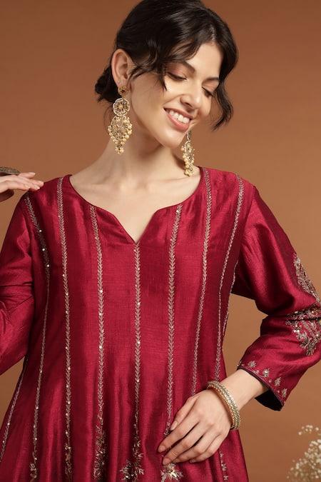 Buy Rirasa Red Silk Sequins, Embroidery Collared Panelled Asymmetric Kurta And Pant Set Online at Aza Fashions Buy_Rirasa_Red Silk Sequins, Embroidery Collared Panelled Asymmetric Kurta And Pant Set _Online_at_Aza_Fashions