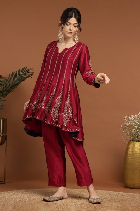 Shop Rirasa Red Silk Sequins, Embroidery Collared Panelled Asymmetric Kurta And Pant Set Online at Aza Fashions Shop_Rirasa_Red Silk Sequins, Embroidery Collared Panelled Asymmetric Kurta And Pant Set _Online_at_Aza_Fashions