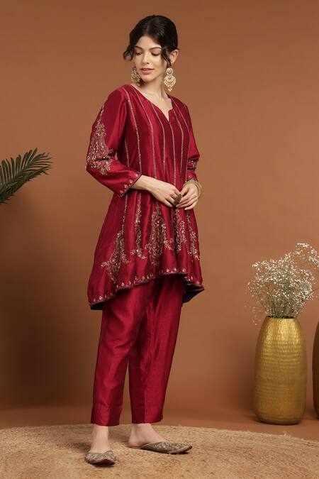 Rirasa Red Silk Sequins, Embroidery Collared Panelled Asymmetric Kurta And Pant Set at Aza Fashions Rirasa_Red Silk Sequins, Embroidery Collared Panelled Asymmetric Kurta And Pant Set _at_Aza_Fashions