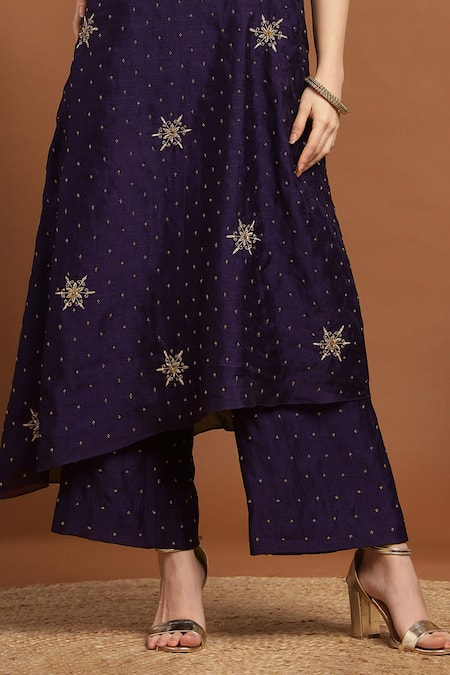 Rirasa_Purple , Satin Embroidery, Beads One One-shoudler Kurta And Pant Set _Online_at_Aza_Fashions