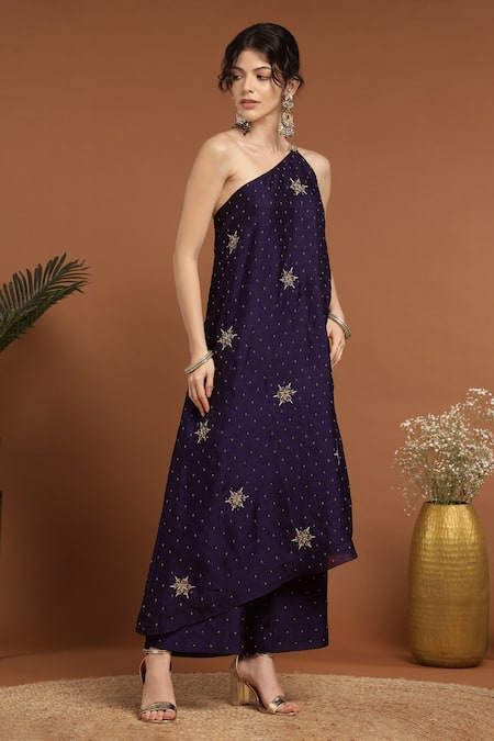 Shop_Rirasa_Purple , Satin Embroidery, Beads One One-shoudler Kurta And Pant Set _Online_at_Aza_Fashions