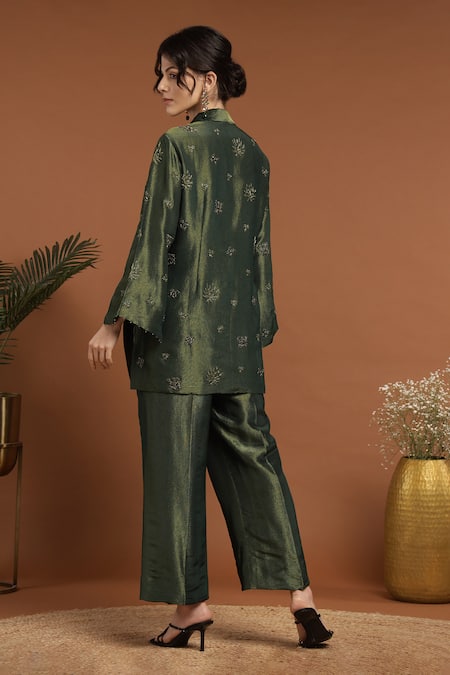 Shop Rirasa Green Tissue Embroidery Collared Floral Jacket And Pant Set at Aza Fashions Shop_Rirasa_Green Tissue Embroidery Collared Floral Jacket And Pant Set _at_Aza_Fashions
