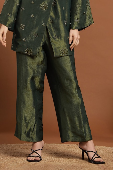 Rirasa Green Tissue Embroidery Collared Floral Jacket And Pant Set Online at Aza Fashions Rirasa_Green Tissue Embroidery Collared Floral Jacket And Pant Set _Online_at_Aza_Fashions