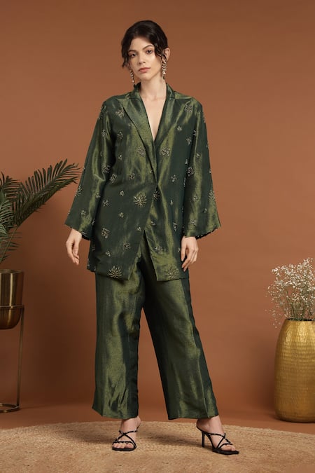 Buy Rirasa Green Tissue Embroidery Collared Floral Jacket And Pant Set Online at Aza Fashions Buy_Rirasa_Green Tissue Embroidery Collared Floral Jacket And Pant Set _Online_at_Aza_Fashions