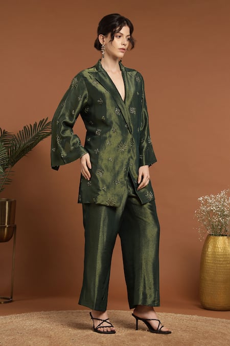 Shop Rirasa Green Tissue Embroidery Collared Floral Jacket And Pant Set Online at Aza Fashions Shop_Rirasa_Green Tissue Embroidery Collared Floral Jacket And Pant Set _Online_at_Aza_Fashions