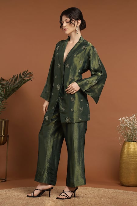 Rirasa Green Tissue Embroidery Collared Floral Jacket And Pant Set at Aza Fashions Rirasa_Green Tissue Embroidery Collared Floral Jacket And Pant Set _at_Aza_Fashions