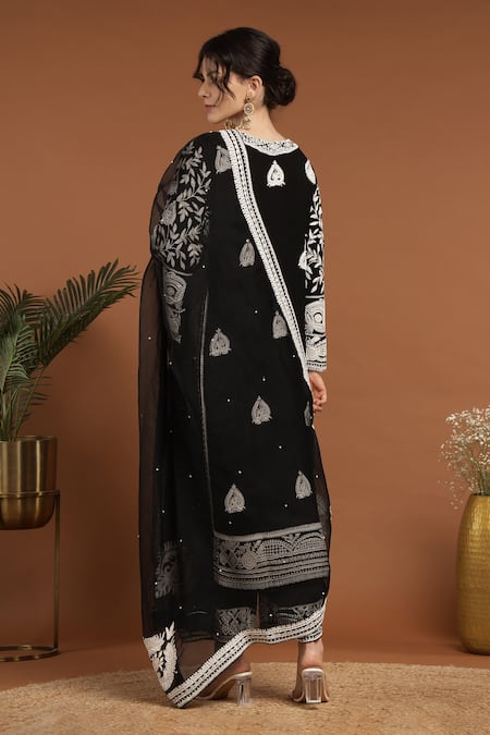 Shop_Rirasa_Black Georgette Embroidery, Pearls Split V-neck Thread And Kurta Pant Set _at_Aza_Fashions