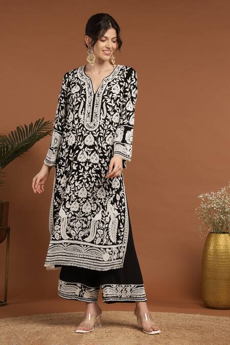 Buy_Rirasa_Black Georgette Embroidery, Pearls Split V-neck Thread And Kurta Pant Set _Online_at_Aza_Fashions