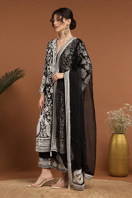Shop_Rirasa_Black Georgette Embroidery, Pearls Split V-neck Thread And Kurta Pant Set _Online_at_Aza_Fashions