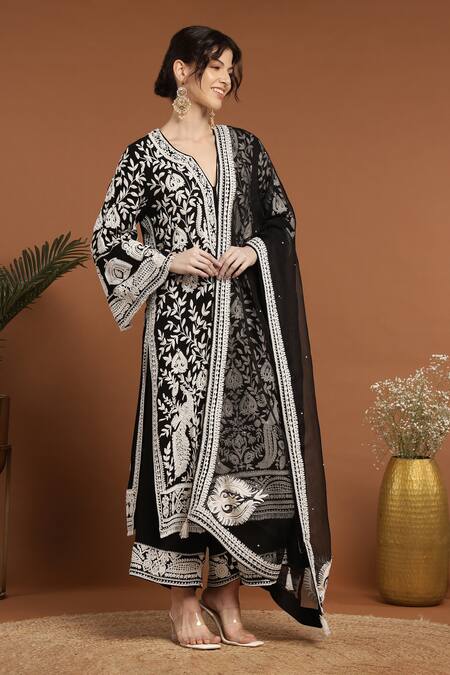 Rirasa_Black Georgette Embroidery, Pearls Split V-neck Thread And Kurta Pant Set _at_Aza_Fashions