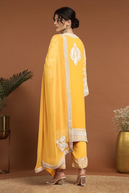 Shop_Rirasa_Yellow Georgette Pearls, Embroidery Split V-neck Floral Bird Kurta Set _at_Aza_Fashions