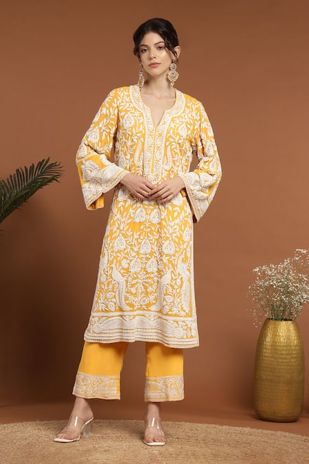 Buy_Rirasa_Yellow Georgette Pearls, Embroidery Split V-neck Floral Bird Kurta Set _Online_at_Aza_Fashions