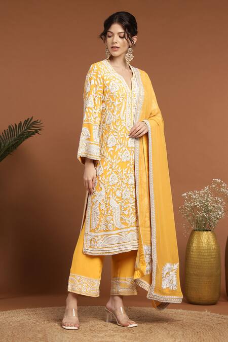 Rirasa_Yellow Georgette Pearls, Embroidery Split V-neck Floral Bird Kurta Set _at_Aza_Fashions