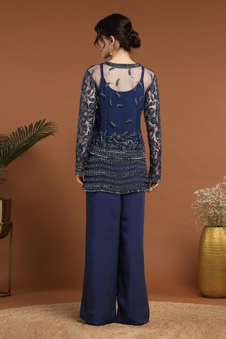 Shop_Rirasa_Blue Net, Crepe Sequins, Beads Embroidered Tasseled Jacket Pant Set _at_Aza_Fashions