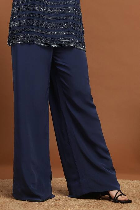 Rirasa_Blue Net, Crepe Sequins, Beads Embroidered Tasseled Jacket Pant Set _Online_at_Aza_Fashions