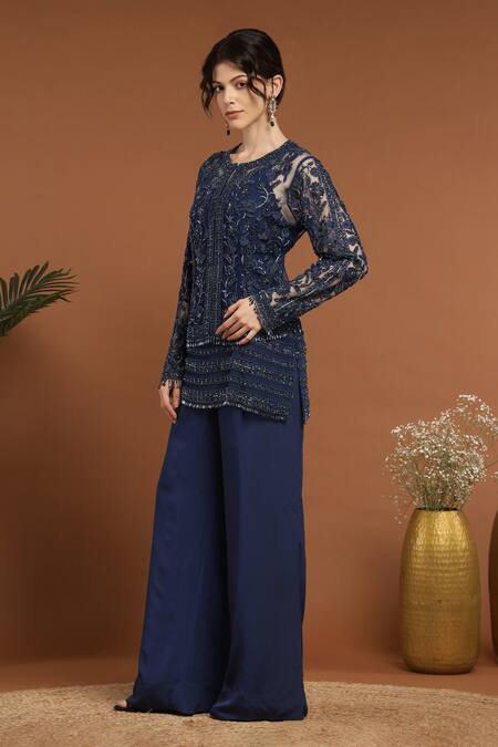 Shop_Rirasa_Blue Net, Crepe Sequins, Beads Embroidered Tasseled Jacket Pant Set _Online_at_Aza_Fashions