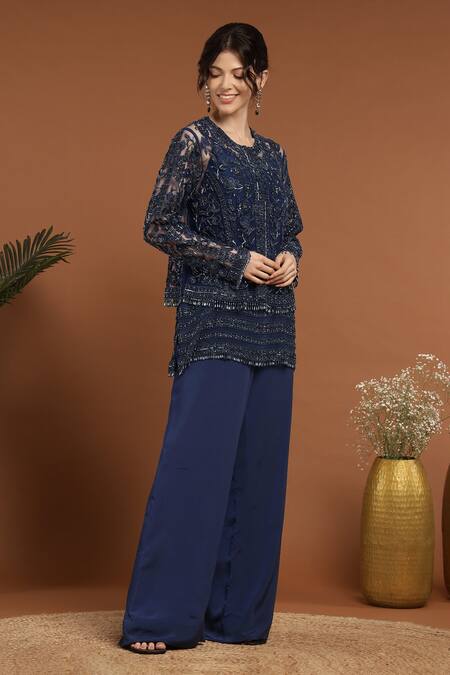 Rirasa_Blue Net, Crepe Sequins, Beads Embroidered Tasseled Jacket Pant Set _at_Aza_Fashions