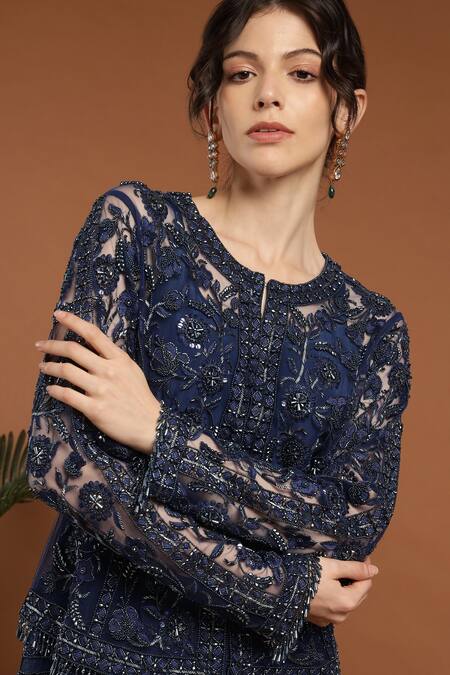 Buy_Rirasa_Blue Net, Crepe Sequins, Beads Embroidered Tasseled Jacket Pant Set 