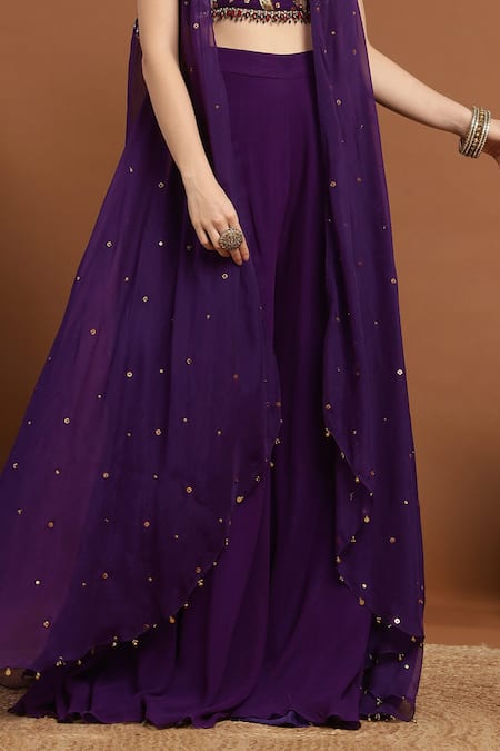 Rirasa_Purple Organza, Georgette Sequins, Beads Floral Embroidered Cape Sharara Set _Online_at_Aza_Fashions