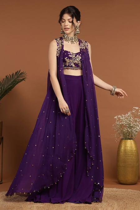 Buy_Rirasa_Purple Organza, Georgette Sequins, Beads Floral Embroidered Cape Sharara Set _Online_at_Aza_Fashions