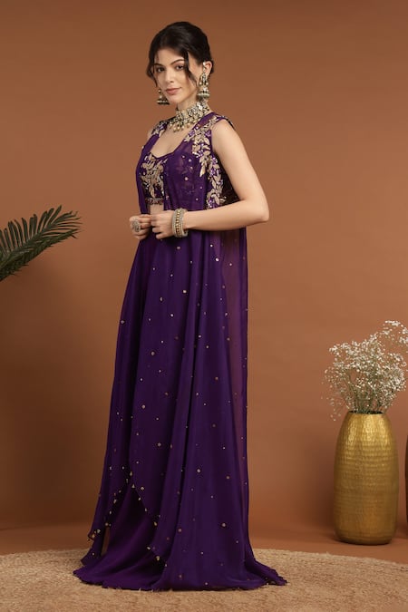 Shop_Rirasa_Purple Organza, Georgette Sequins, Beads Floral Embroidered Cape Sharara Set _Online_at_Aza_Fashions