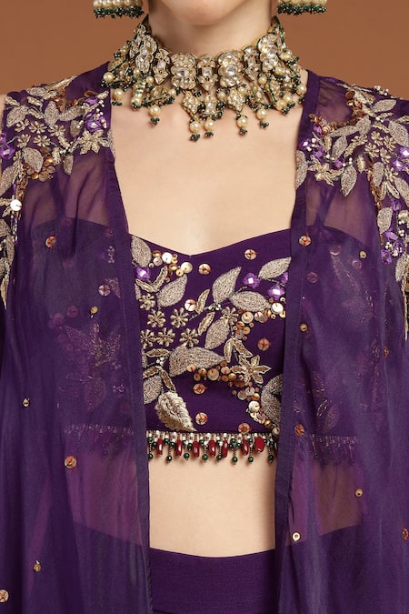 Rirasa_Purple Organza, Georgette Sequins, Beads Floral Embroidered Cape Sharara Set _at_Aza_Fashions