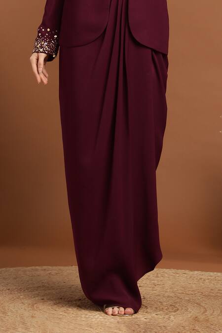 Rirasa_Wine Lurex Sequins Split V-neck, Collared Embroidered Jacket Draped Skirt Set_Online_at_Aza_Fashions