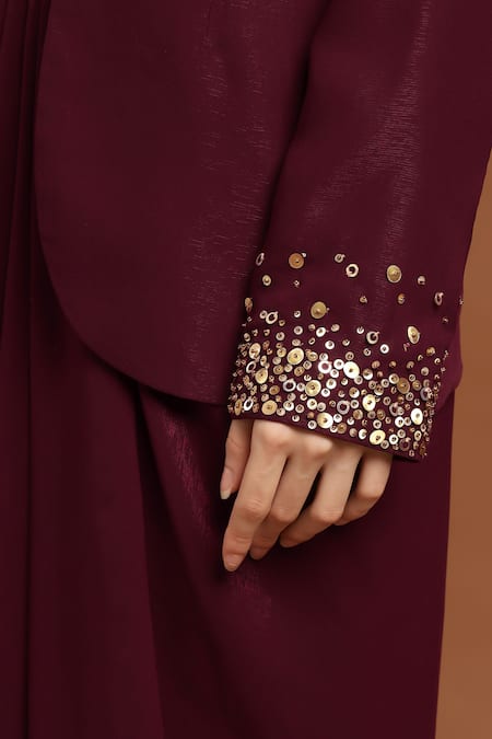 Buy_Rirasa_Wine Lurex Sequins Split V-neck, Collared Embroidered Jacket Draped Skirt Set_Online_at_Aza_Fashions