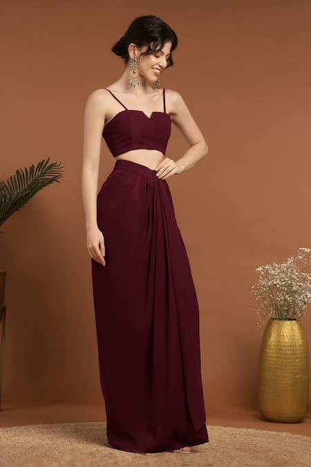 Shop_Rirasa_Wine Lurex Sequins Split V-neck, Collared Embroidered Jacket Draped Skirt Set_Online_at_Aza_Fashions