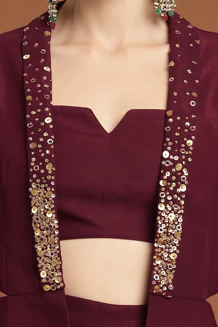 Rirasa_Wine Lurex Sequins Split V-neck, Collared Embroidered Jacket Draped Skirt Set_at_Aza_Fashions